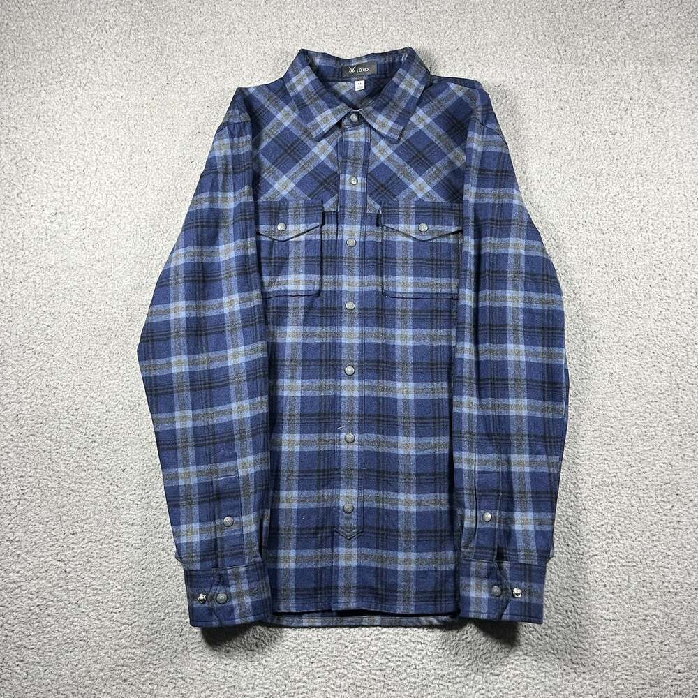 Ibex Flannel Shirt Mens M Blue Plaid Virgin Wool nap Button Outdoor Hiking